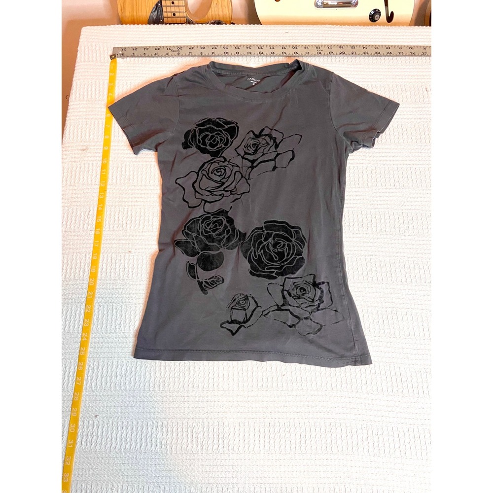 Y2K Massini Womens Charcoal Gray Velvet Flocked Rose Graphic T-Shirt